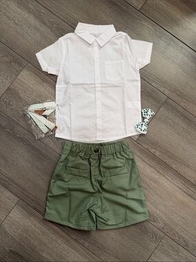 Kids Short Sleeve White Shirt and Olive Green Shorts Matching Set